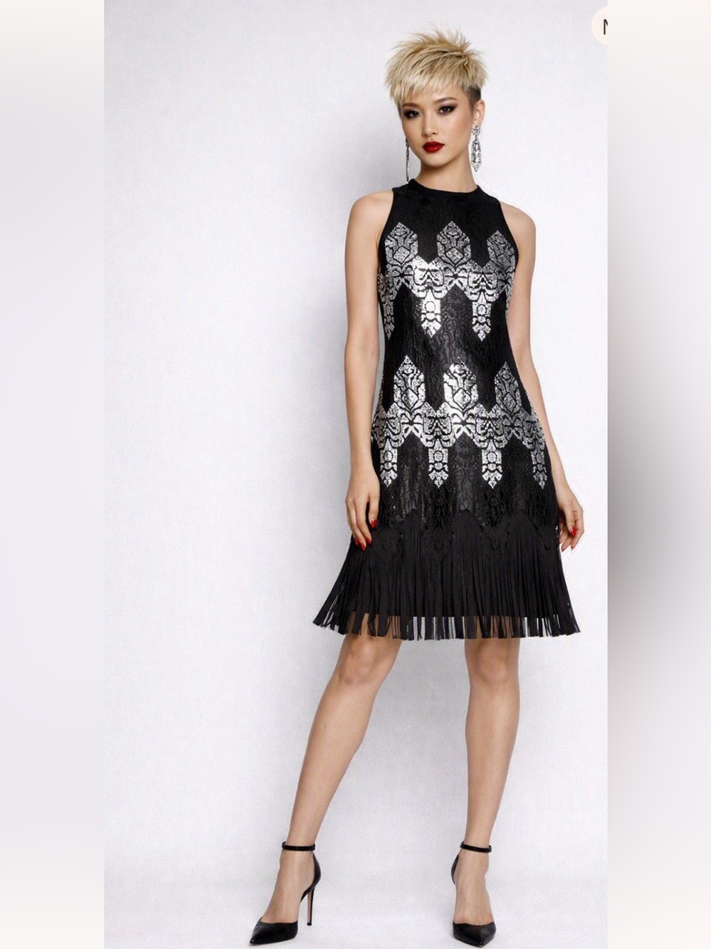 White House Black Market Black and Silver flapper dress with sequins and fringe